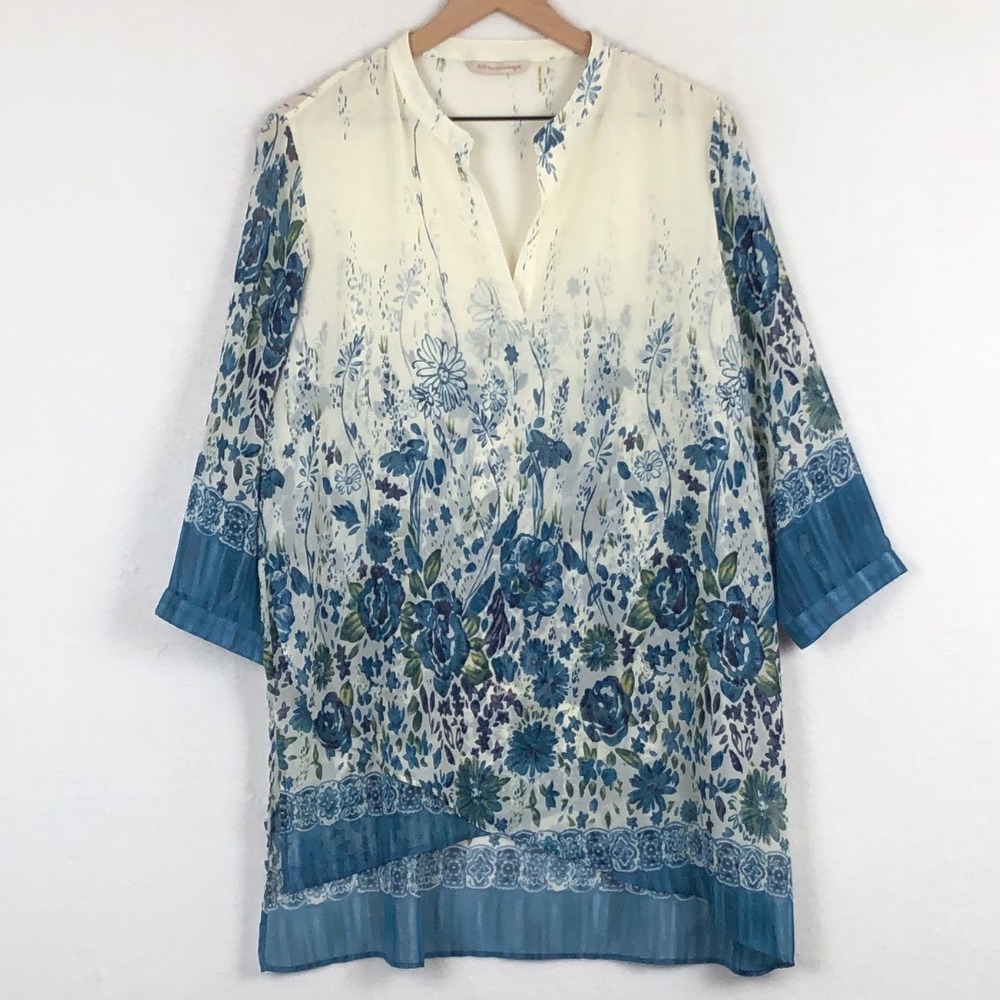 SOLD Soft‎ Surroundings Womens L Sheer Floral Print Tunic Top 3/4 Sleeve V Neck